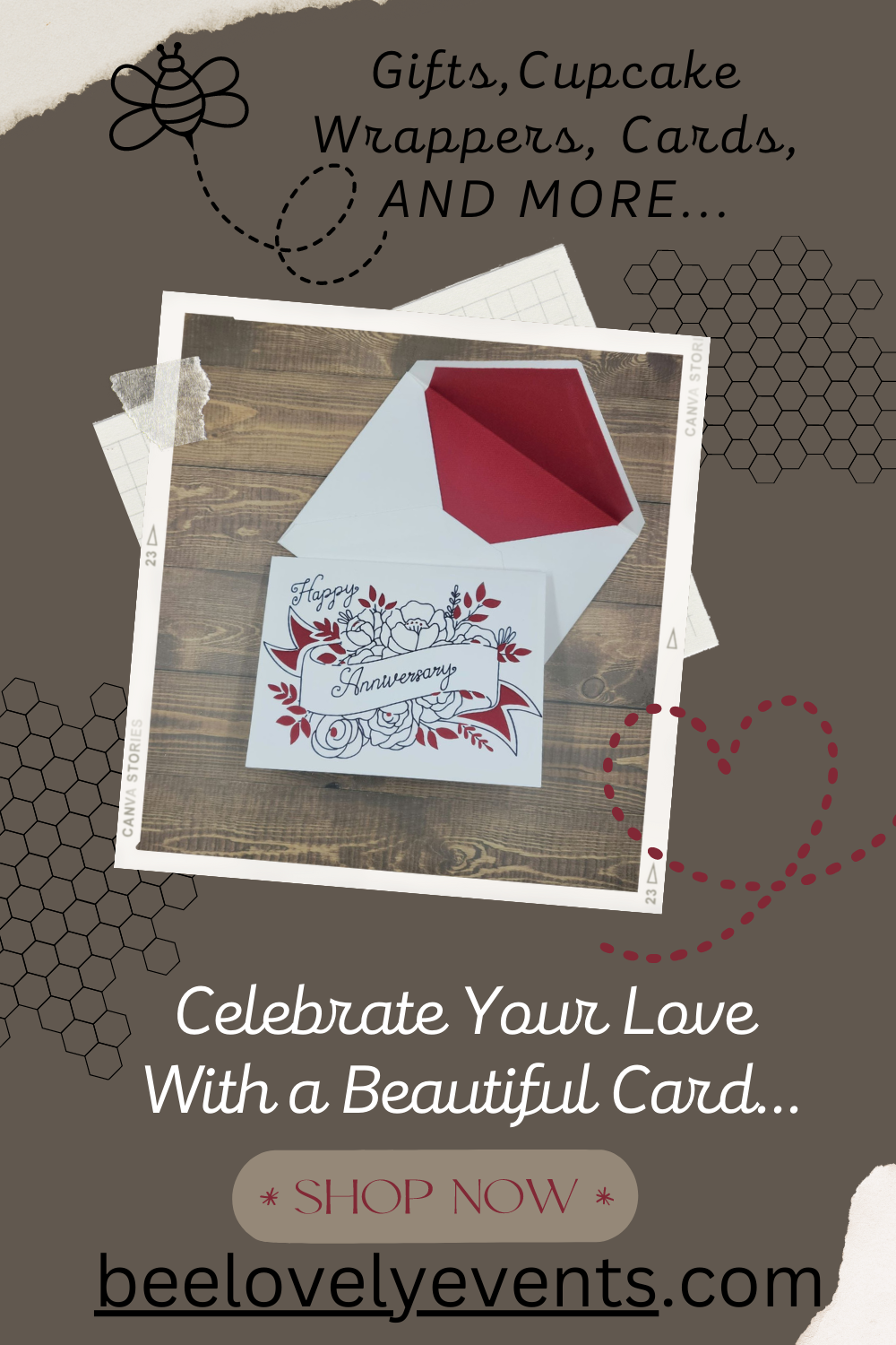 Promotional graphic for cards and stationery with a wooden background and text overlay.